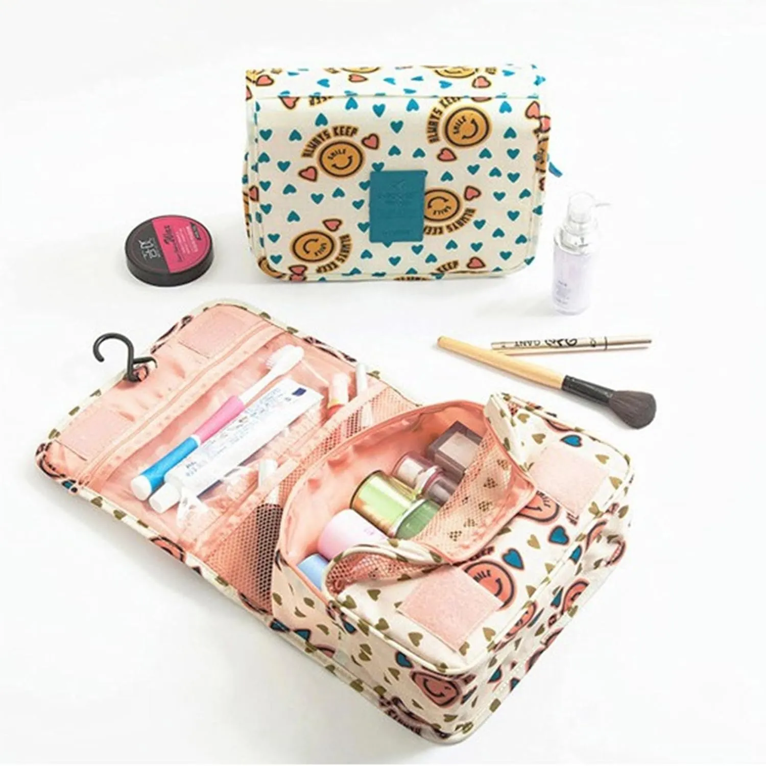 Travel Toiletry Bag With Hanging Hook, Portable Makeup Bag Organizer For Women, Water-Resistant Travel Cosmetic Bag Essentials Accessories (Hearty White)