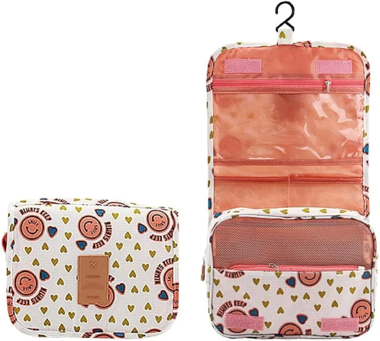 Travel Toiletry Bag With Hanging Hook, Portable Makeup Bag Organizer For Women, Water-Resistant Travel Cosmetic Bag Essentials Accessories (Hearty White)