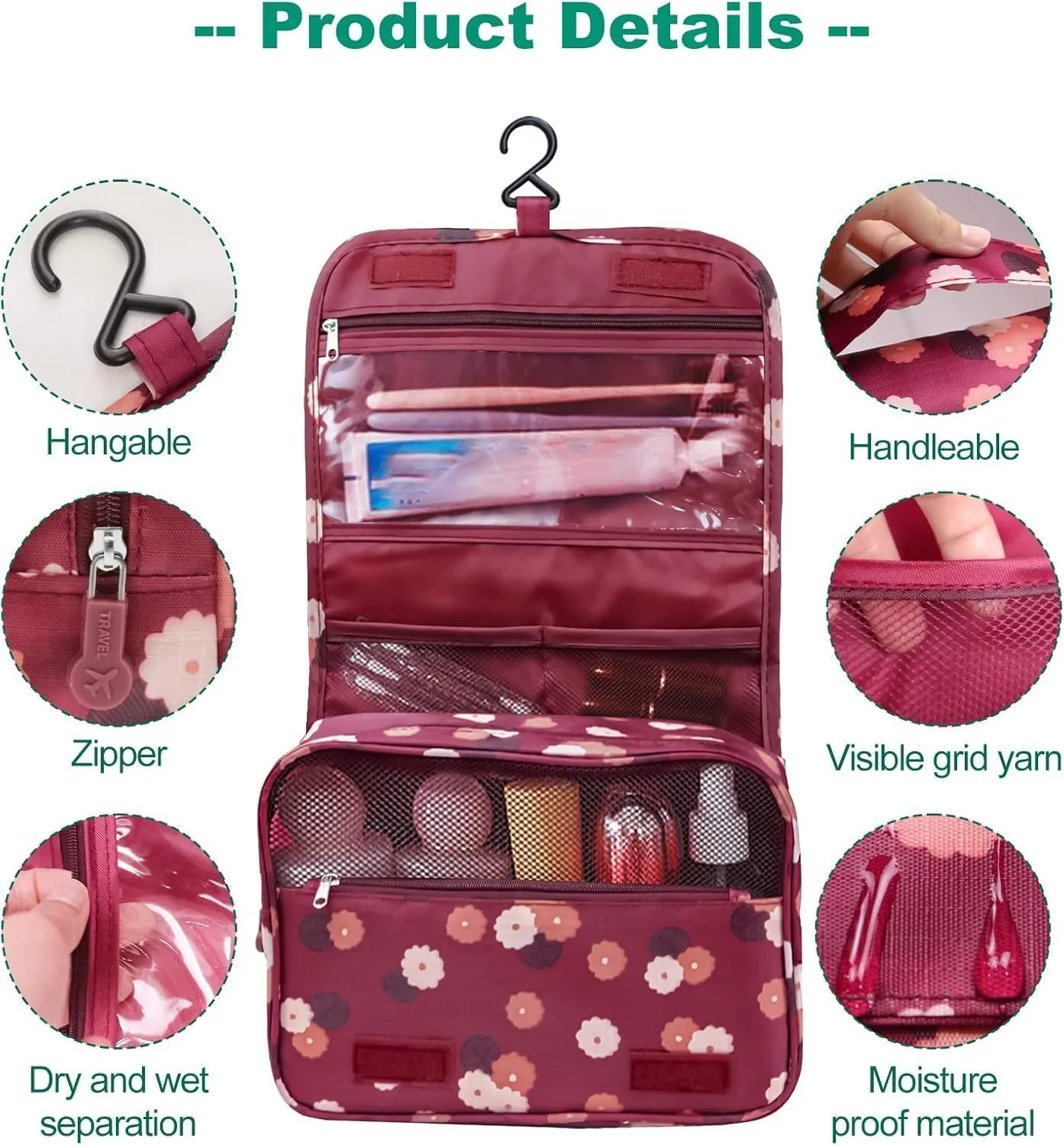 Travel Toiletry Bag With Hanging Hook, Portable Makeup Bag Organizer For Women, Water-Resistant Travel Cosmetic Bag Essentials Accessories (Patchy Pink)