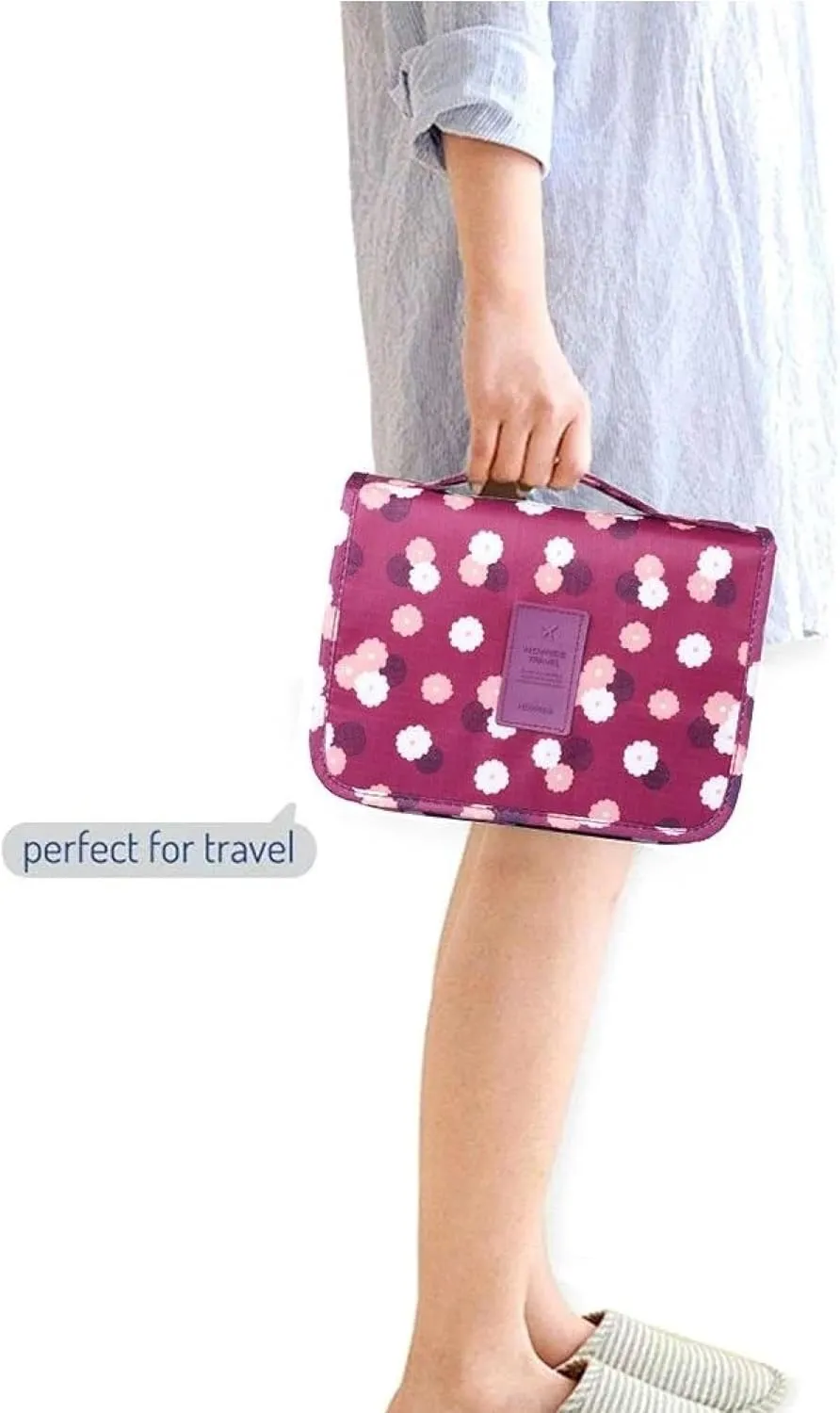 Travel Toiletry Bag With Hanging Hook, Portable Makeup Bag Organizer For Women, Water-Resistant Travel Cosmetic Bag Essentials Accessories (Patchy Pink)