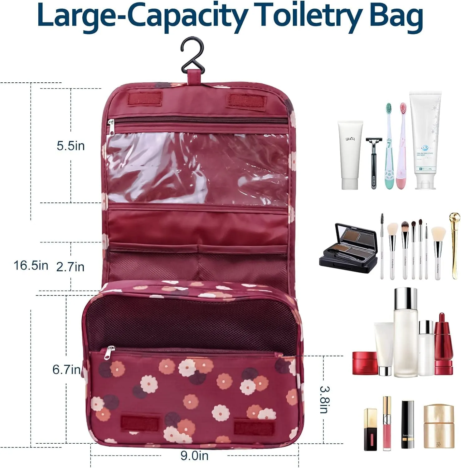 Travel Toiletry Bag With Hanging Hook, Portable Makeup Bag Organizer For Women, Water-Resistant Travel Cosmetic Bag Essentials Accessories (Patchy Pink)