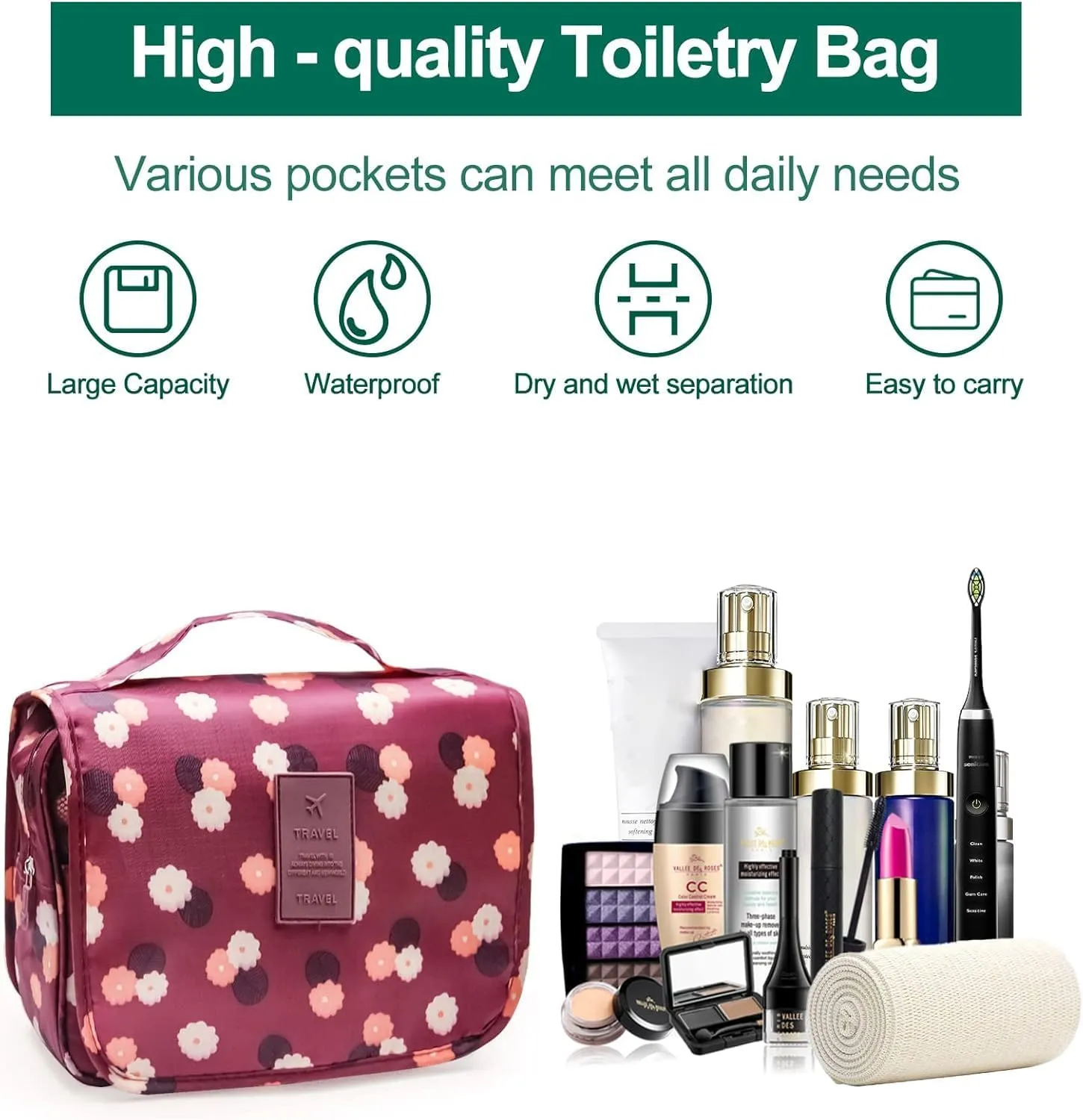 Travel Toiletry Bag With Hanging Hook, Portable Makeup Bag Organizer For Women, Water-Resistant Travel Cosmetic Bag Essentials Accessories (Patchy Pink)