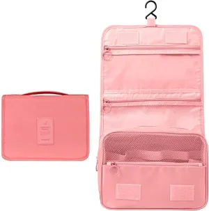 Travel Toiletry Bag With Hanging Hook, Portable Makeup Bag Organizer For Women, Water-Resistant Travel Cosmetic Bag Essentials Accessories (Solid Pink)