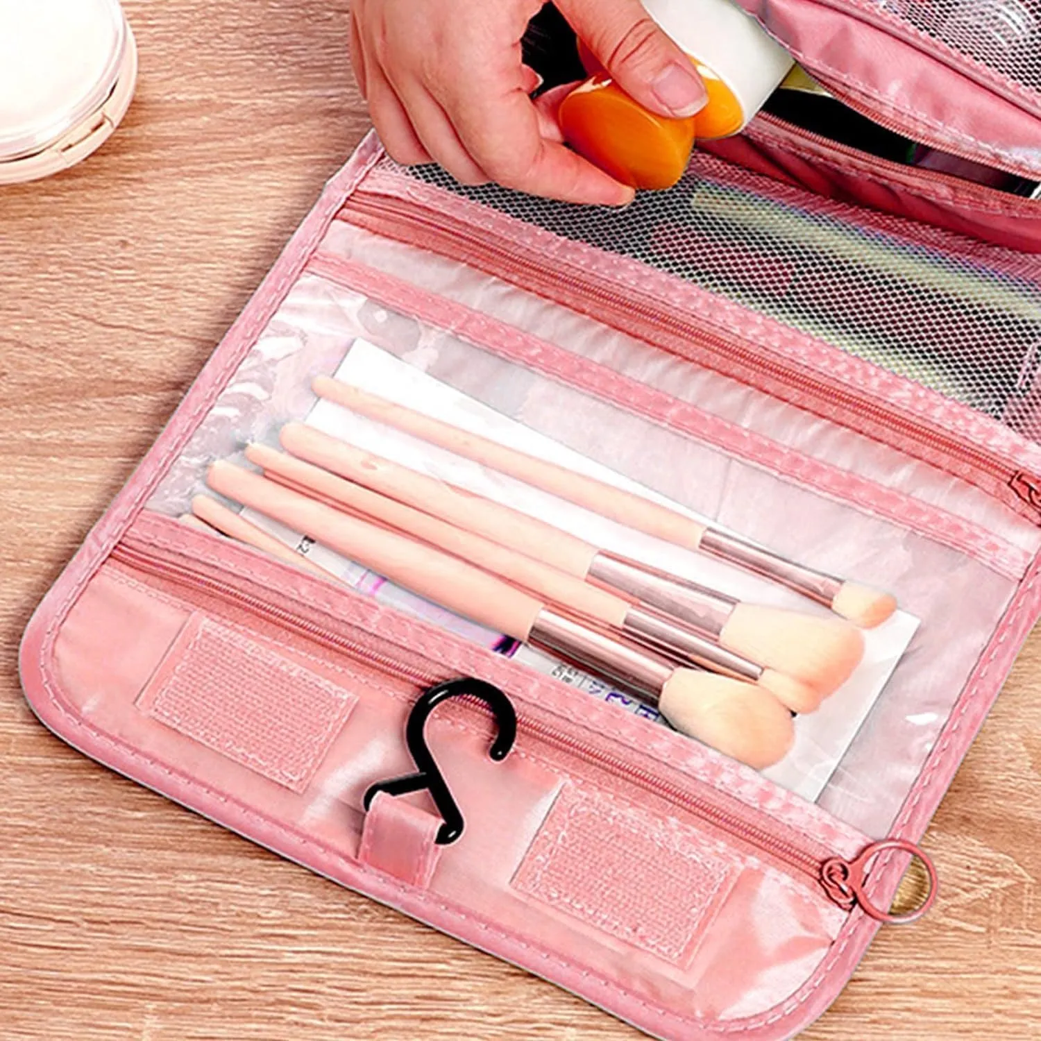 Travel Toiletry Bag With Hanging Hook, Portable Makeup Bag Organizer For Women, Water-Resistant Travel Cosmetic Bag Essentials Accessories (Solid Pink)