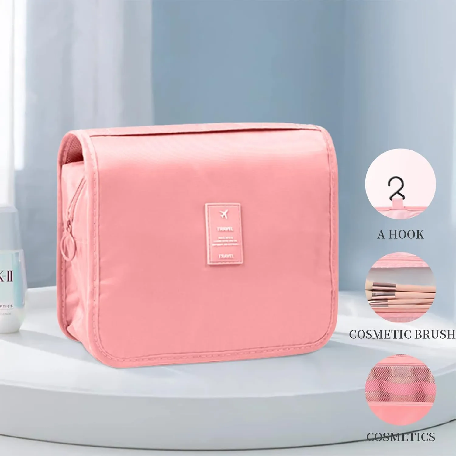 Travel Toiletry Bag With Hanging Hook, Portable Makeup Bag Organizer For Women, Water-Resistant Travel Cosmetic Bag Essentials Accessories (Solid Pink)