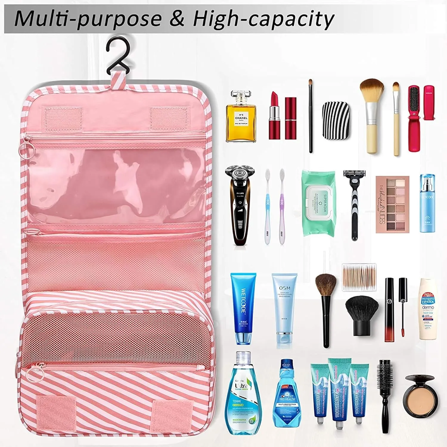 Travel Toiletry Bag With Hanging Hook, Portable Makeup Bag Organizer For Women, Water-Resistant Travel Cosmetic Bag Essentials Accessories (Stripped Pink)