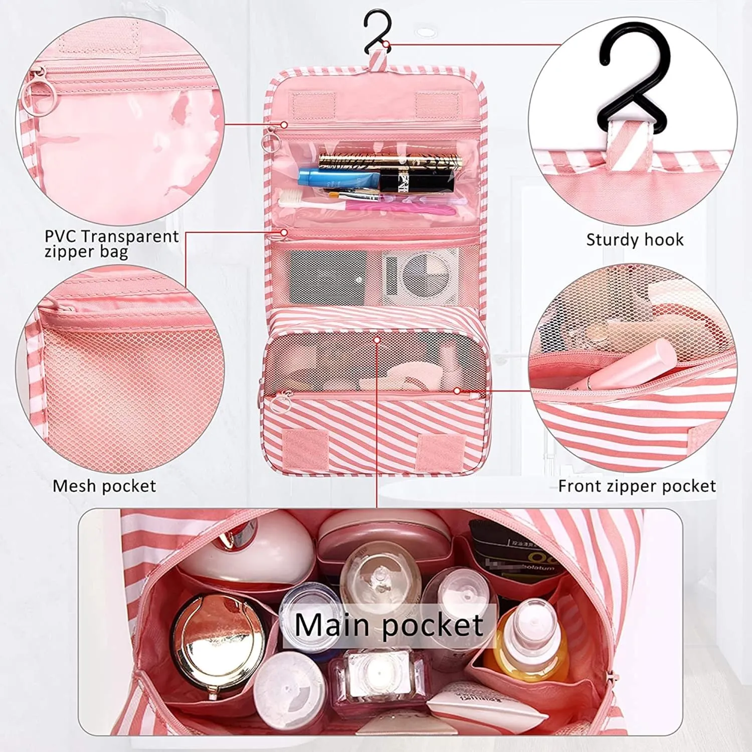 Travel Toiletry Bag With Hanging Hook, Portable Makeup Bag Organizer For Women, Water-Resistant Travel Cosmetic Bag Essentials Accessories (Stripped Pink)