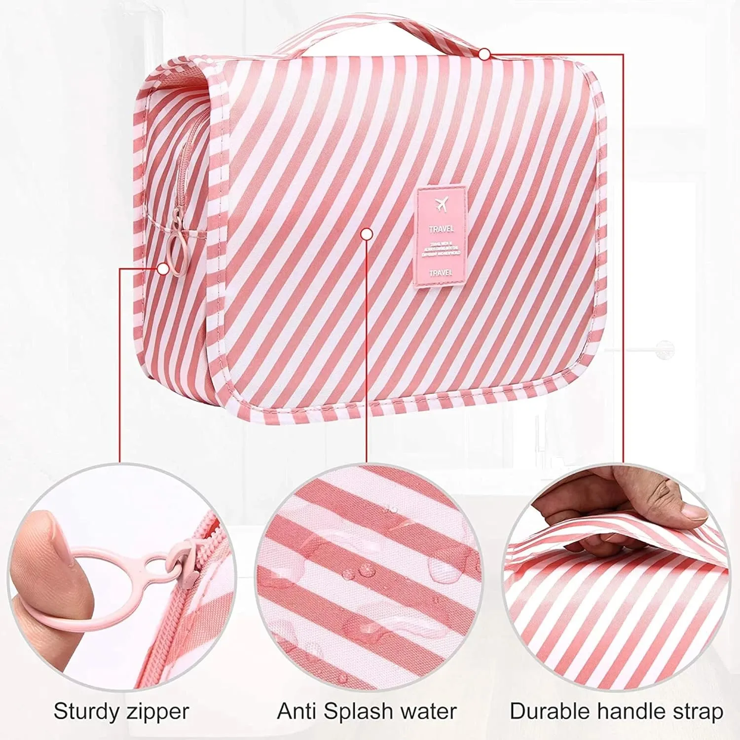 Travel Toiletry Bag With Hanging Hook, Portable Makeup Bag Organizer For Women, Water-Resistant Travel Cosmetic Bag Essentials Accessories (Stripped Pink)