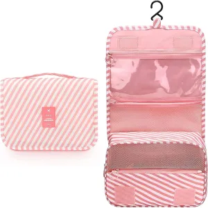 Travel Toiletry Bag With Hanging Hook, Portable Makeup Bag Organizer For Women, Water-Resistant Travel Cosmetic Bag Essentials Accessories (Stripped Pink)