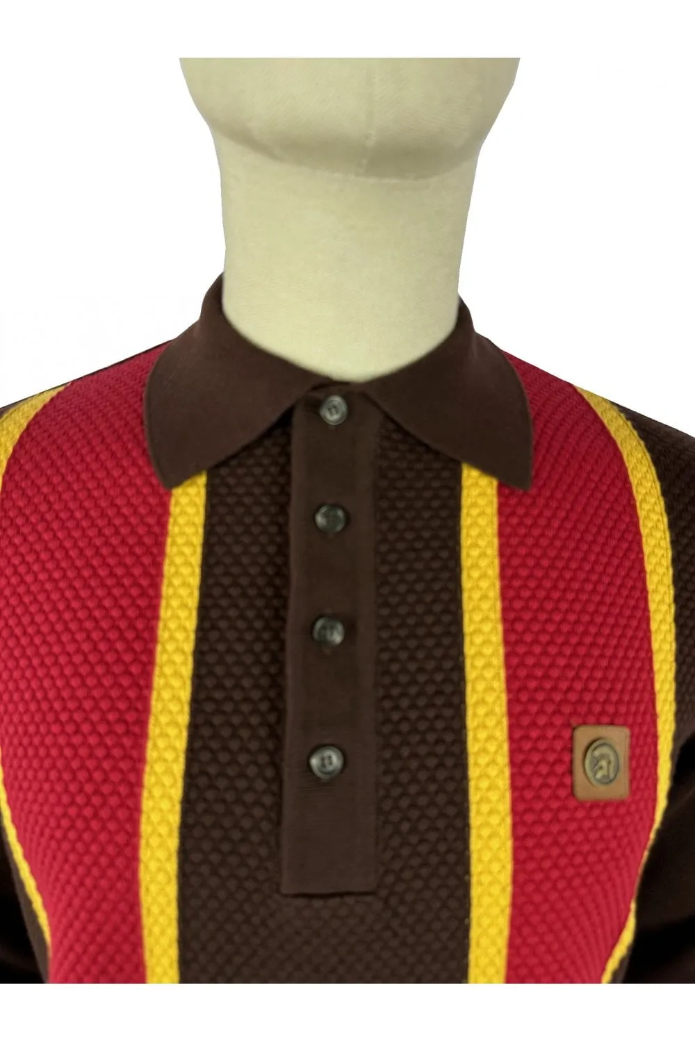 Trojan Records Men's TR8918 LS Textured Stripe Panel Polo Shirt Chocolate Brown