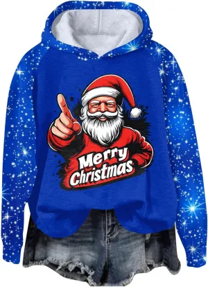 Ugly Christmas Hoodie, Womens Long Sleeve 2024 Sweatshirts Loose O Neck Shirt Snowflake Print Pullover Tshirt Daily Tops
