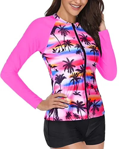 Upf 50  Swim Shirt With Shorts Two Piece Rash Guard Bathing Suit-Pink Palm