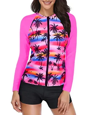 Upf 50  Swim Shirt With Shorts Two Piece Rash Guard Bathing Suit-Pink Palm