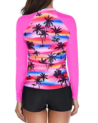 Upf 50  Swim Shirt With Shorts Two Piece Rash Guard Bathing Suit-Pink Palm