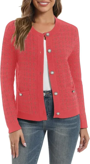 Urban CoCo Women's Open Front Button Down Knit Cropped Cardigan Casual Long Sleeve Sweater Jacket