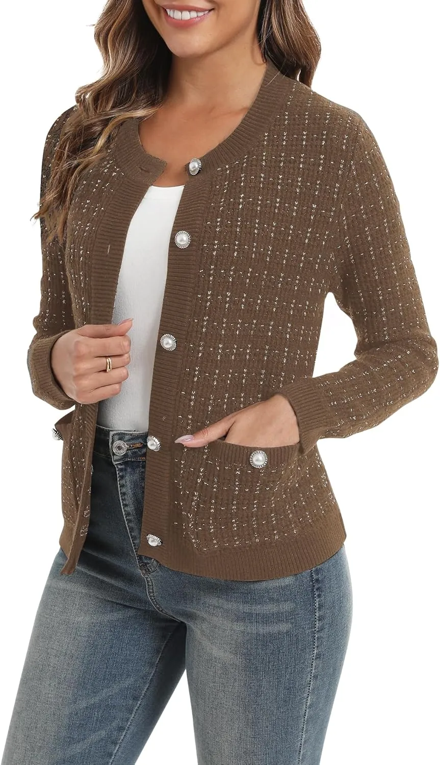 Urban CoCo Women's Open Front Button Down Knit Cropped Cardigan Casual Long Sleeve Sweater Jacket