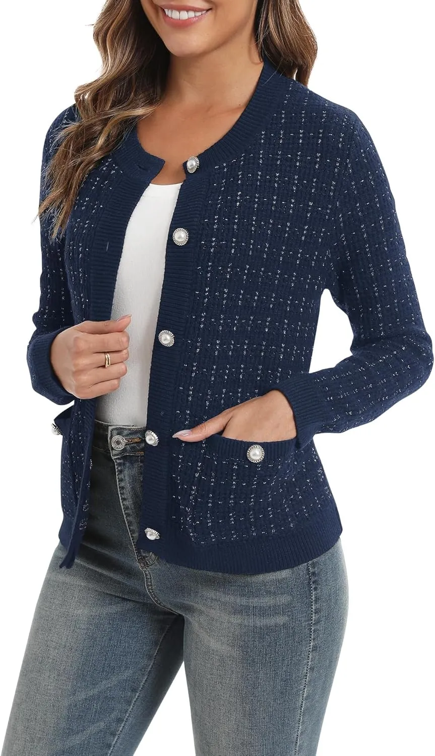 Urban CoCo Women's Open Front Button Down Knit Cropped Cardigan Casual Long Sleeve Sweater Jacket