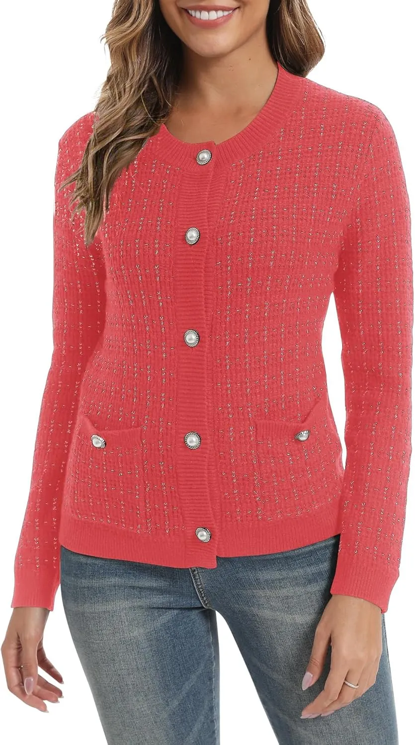 Urban CoCo Women's Open Front Button Down Knit Cropped Cardigan Casual Long Sleeve Sweater Jacket