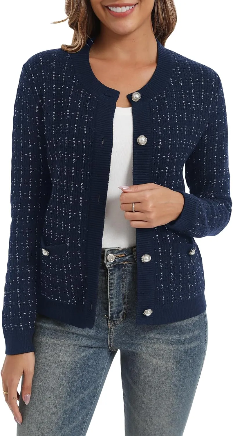Urban CoCo Women's Open Front Button Down Knit Cropped Cardigan Casual Long Sleeve Sweater Jacket