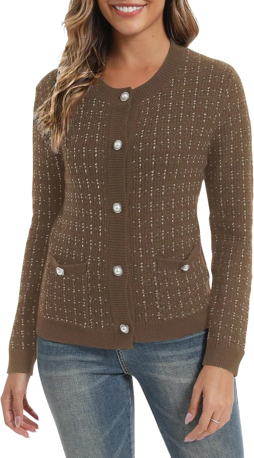 Urban CoCo Women's Open Front Button Down Knit Cropped Cardigan Casual Long Sleeve Sweater Jacket