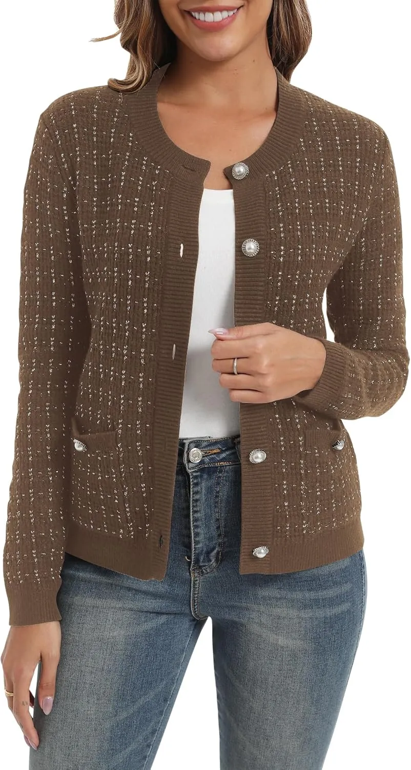 Urban CoCo Women's Open Front Button Down Knit Cropped Cardigan Casual Long Sleeve Sweater Jacket