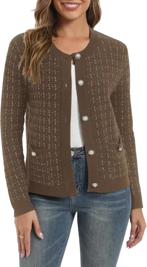 Urban CoCo Women's Open Front Button Down Knit Cropped Cardigan Casual Long Sleeve Sweater Jacket
