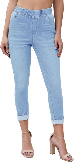 Vetinee Capris Jeans for Women High Waisted Pull On Elastic Waist Skinny Stretchy Denim Capri Pants Rolled Cropped Jeans