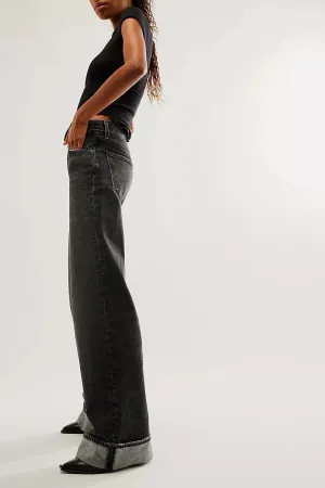 Vintage Baggy Barrel Jeans Mid Rise Wide Leg Boyfriend Horseshoe Jeans for Women Loose Fit Y2k Cuffed Cropped Pants