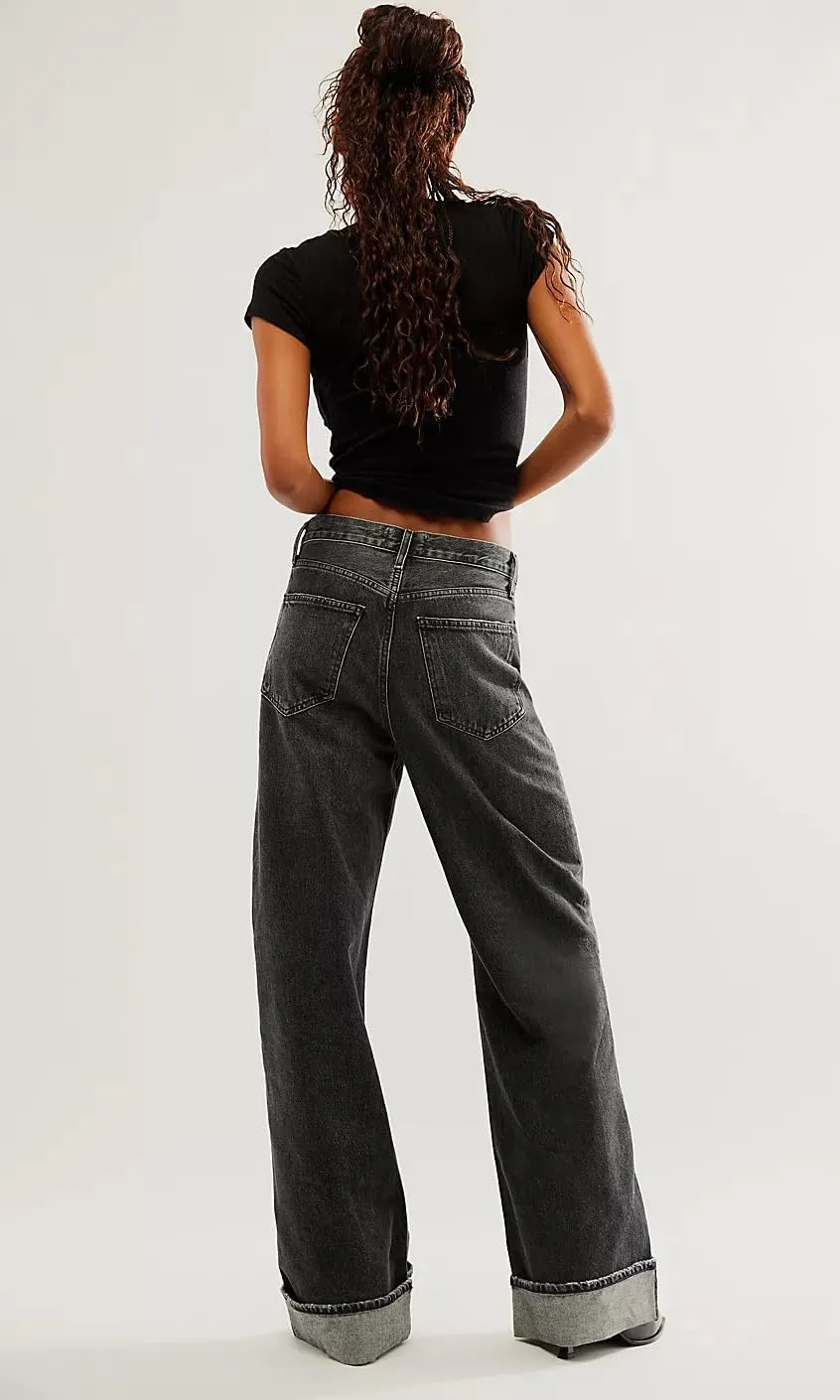 Vintage Baggy Barrel Jeans Mid Rise Wide Leg Boyfriend Horseshoe Jeans for Women Loose Fit Y2k Cuffed Cropped Pants
