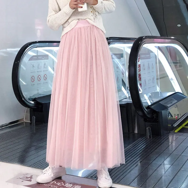 Vintage Tulle Skirt Women Elastic High Waist  3 Layers  A-line Pleated Mesh