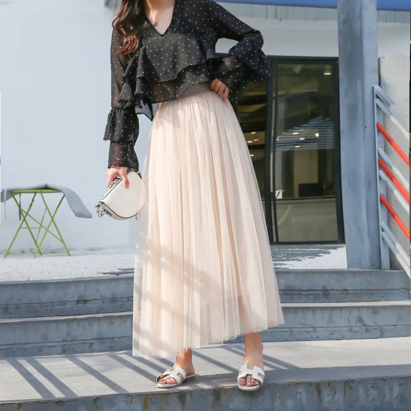 Vintage Tulle Skirt Women Elastic High Waist  3 Layers  A-line Pleated Mesh
