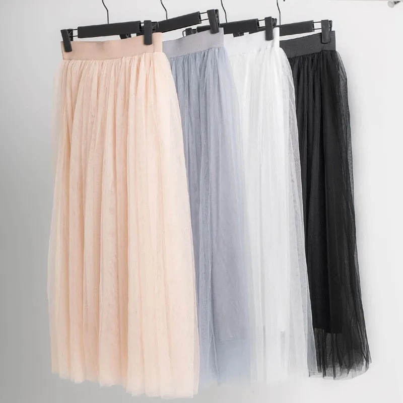 Vintage Tulle Skirt Women Elastic High Waist  3 Layers  A-line Pleated Mesh