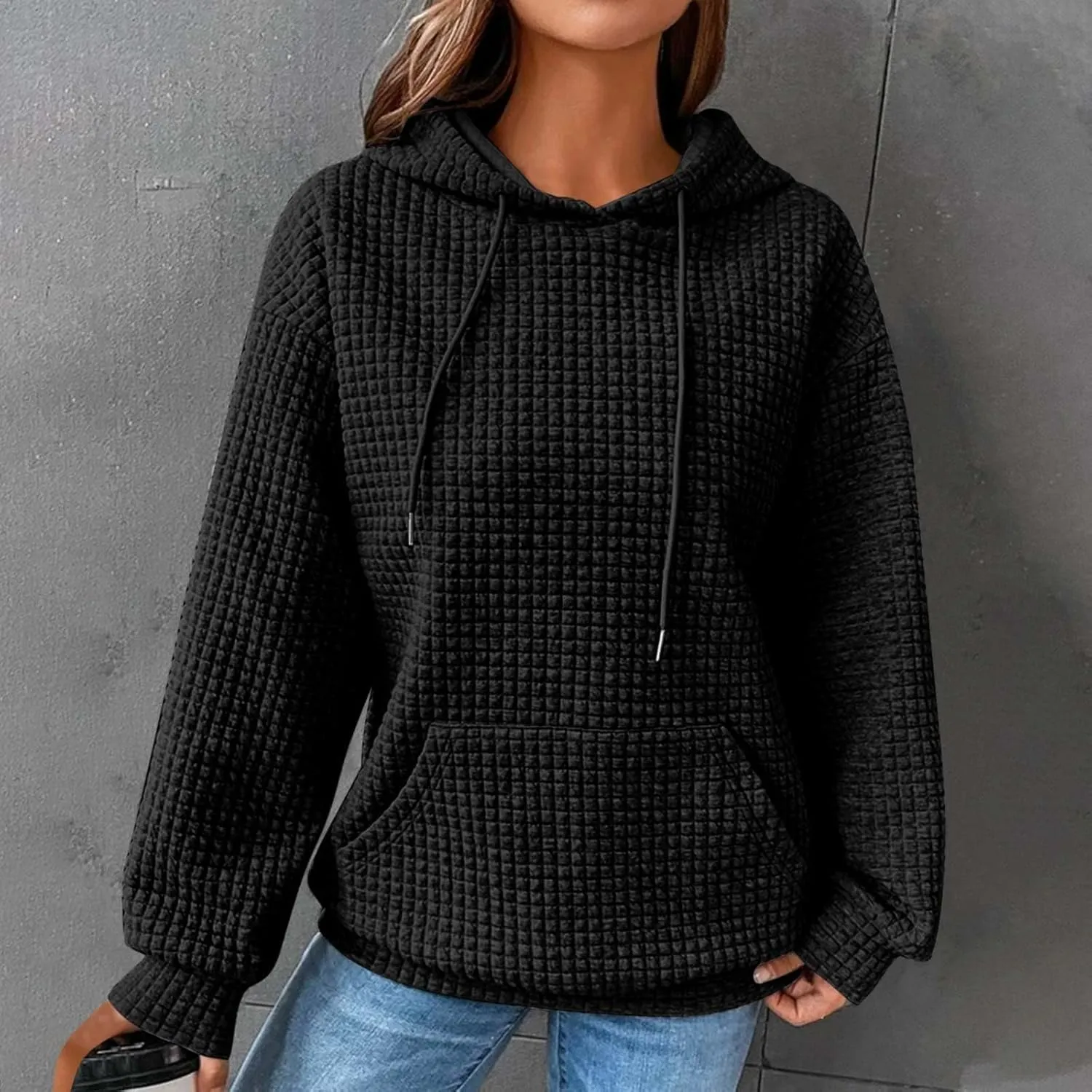 Waffle Knit Hoodie Women Oversized Drawstring Hooded Sweatshirts Y2K Waffle Pullover Loose Fit Casual Cute Clothes