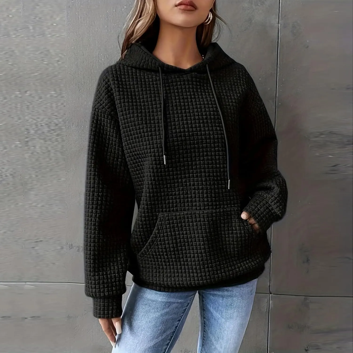 Waffle Knit Hoodie Women Oversized Drawstring Hooded Sweatshirts Y2K Waffle Pullover Loose Fit Casual Cute Clothes
