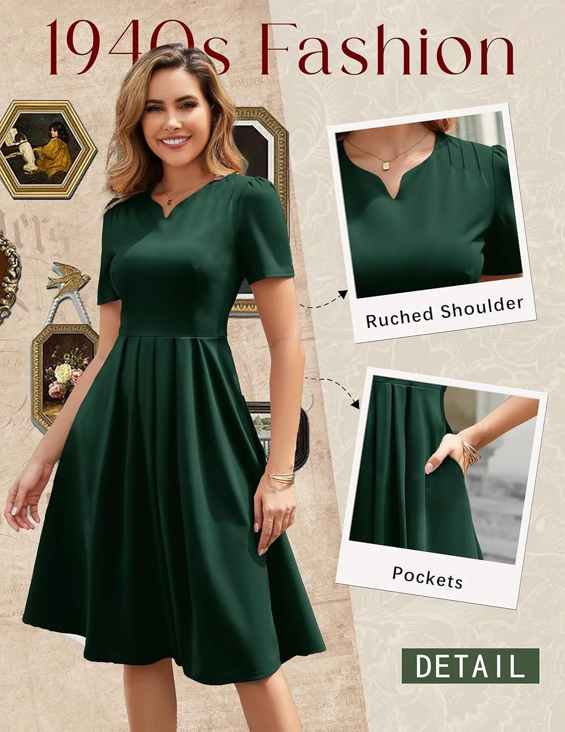 Wedtrend 1950's Vintage Dresses for Women Elegant Church Dress Fit and Flare Dresses Tea Length Cocktail Dress with Pockets
