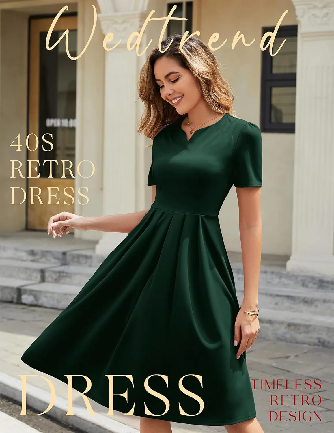 Wedtrend 1950's Vintage Dresses for Women Elegant Church Dress Fit and Flare Dresses Tea Length Cocktail Dress with Pockets