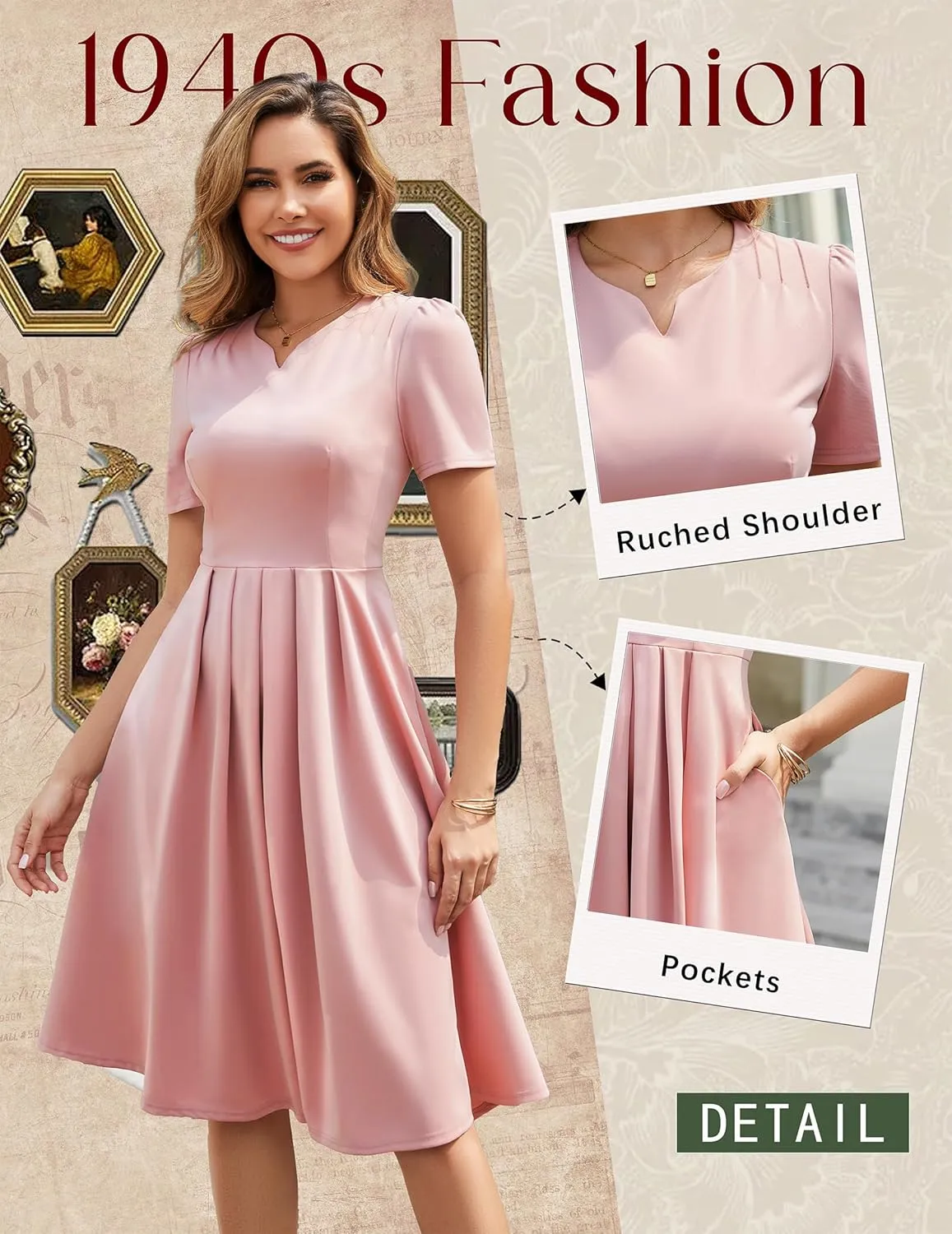 Wedtrend 1950's Vintage Dresses for Women Elegant Church Dress Fit and Flare Dresses Tea Length Cocktail Dress with Pockets