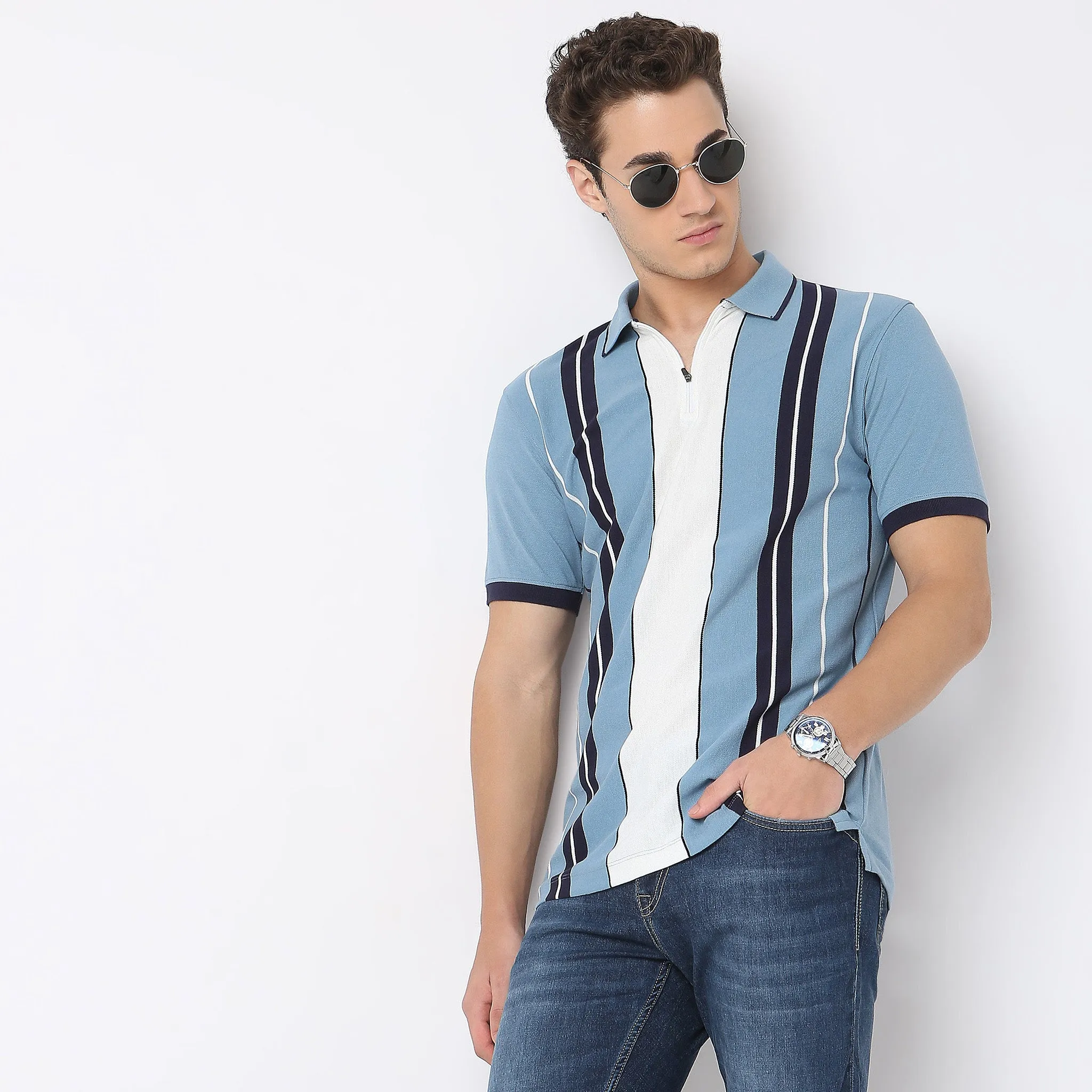 Weekend™ Polo - Vertical Uni Stripes - Zip Neck Polo Regular Fit T-Shirt