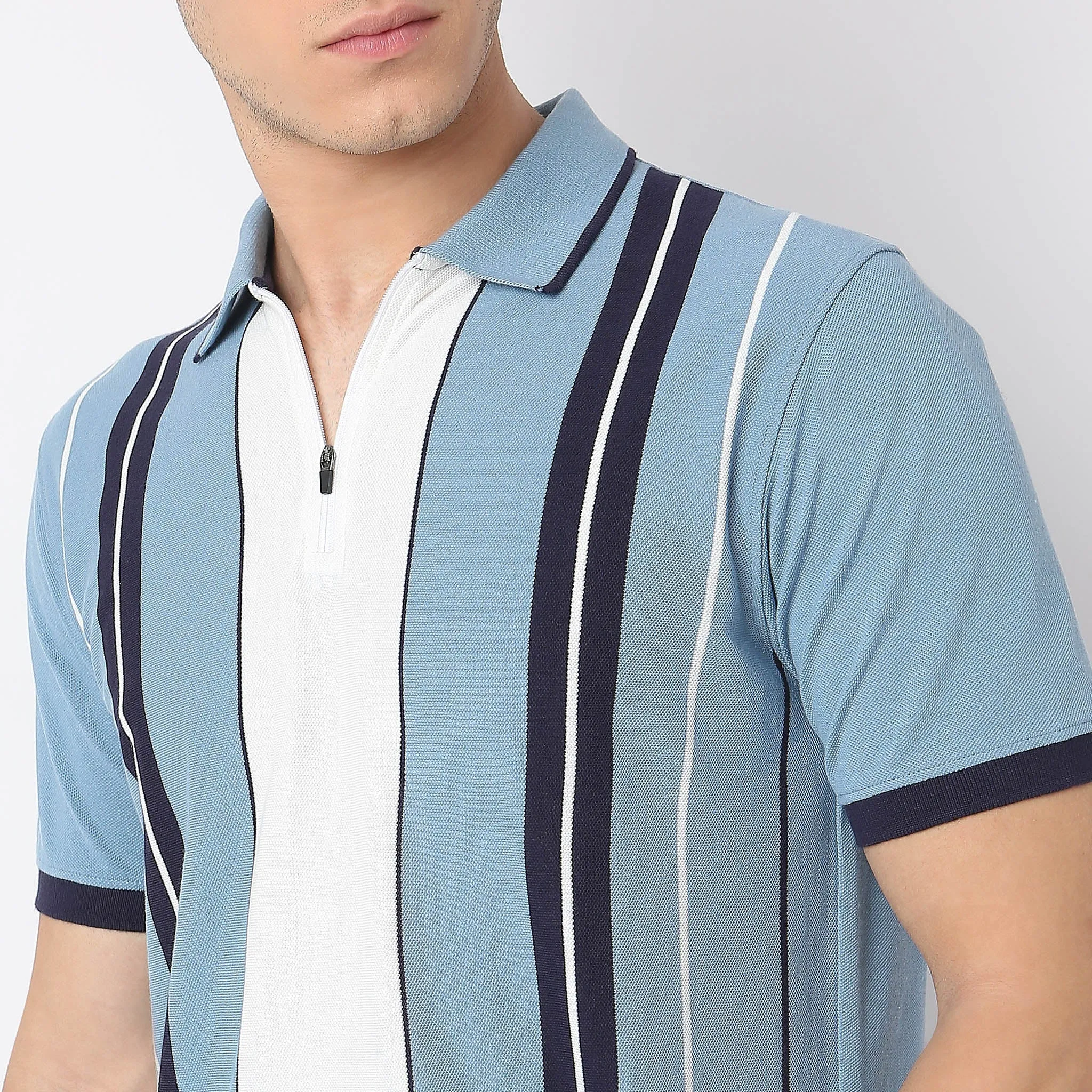 Weekend™ Polo - Vertical Uni Stripes - Zip Neck Polo Regular Fit T-Shirt