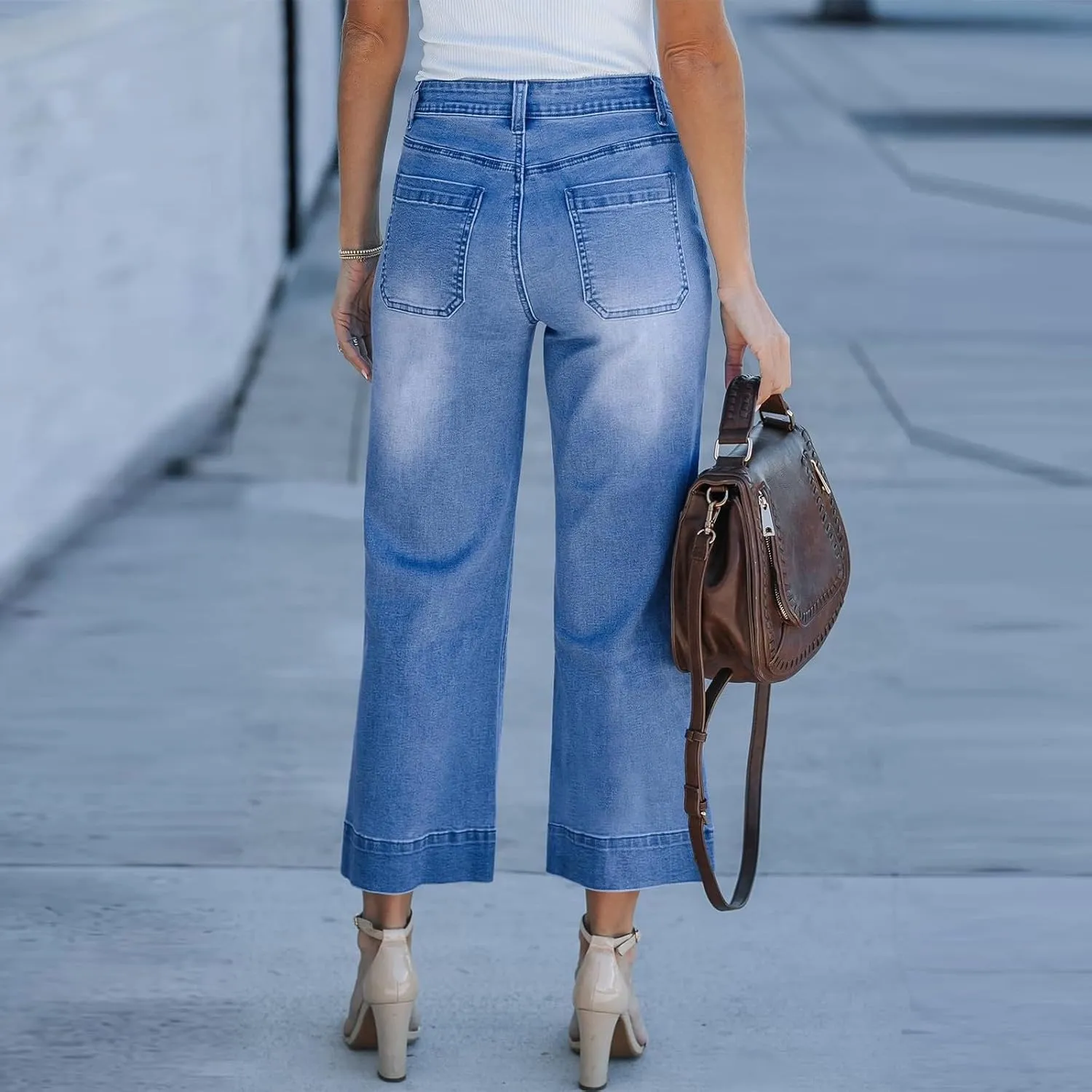 Wide Leg Cropped Jeans for Women Bootcut High Waisted Flare Jeans Stretchy Baggy Denim Pants with Front Patch Pockets