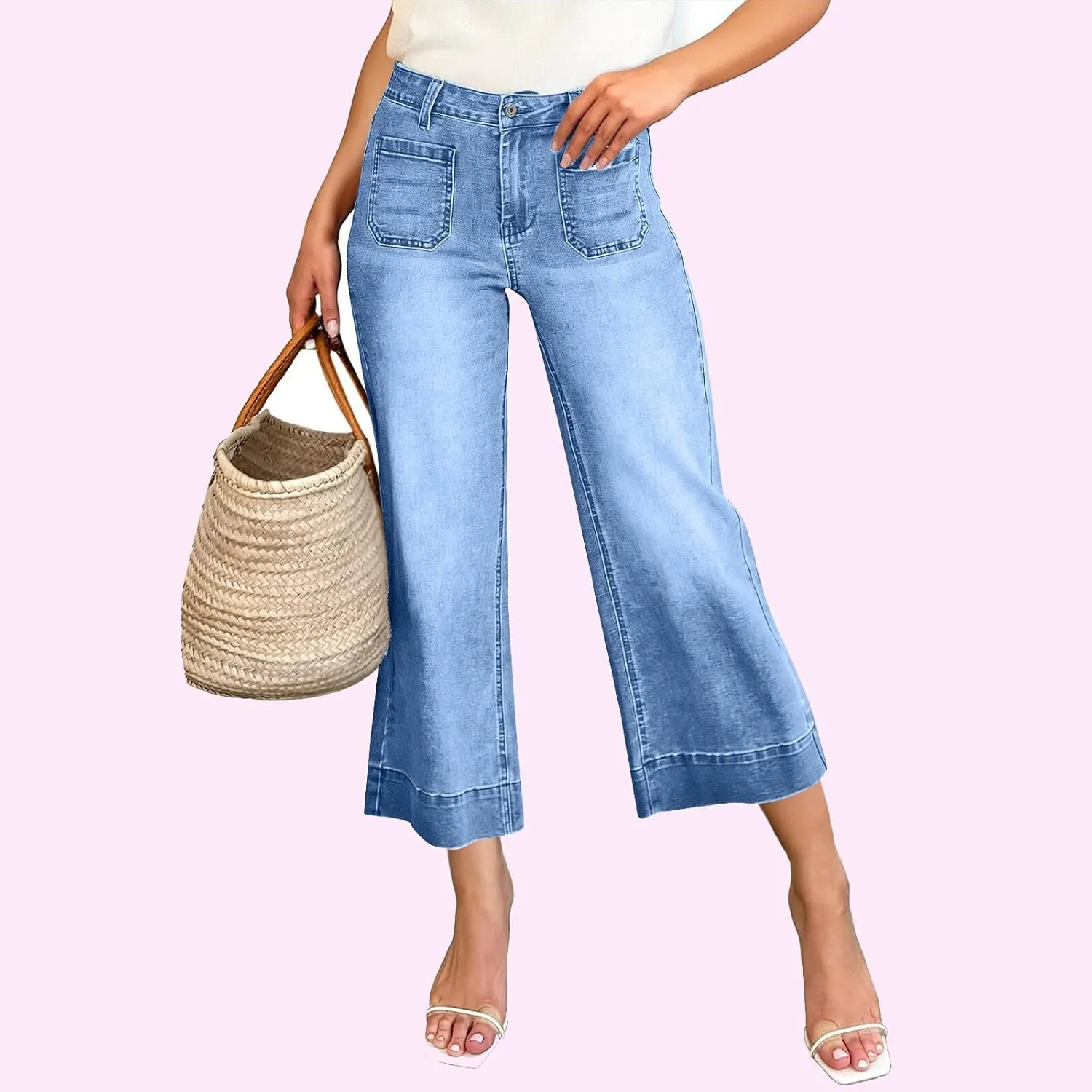 Wide Leg Cropped Jeans for Women Bootcut High Waisted Flare Jeans Stretchy Baggy Denim Pants with Front Patch Pockets