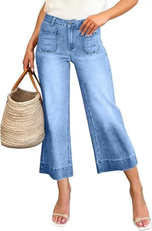 Wide Leg Cropped Jeans for Women Bootcut High Waisted Flare Jeans Stretchy Baggy Denim Pants with Front Patch Pockets