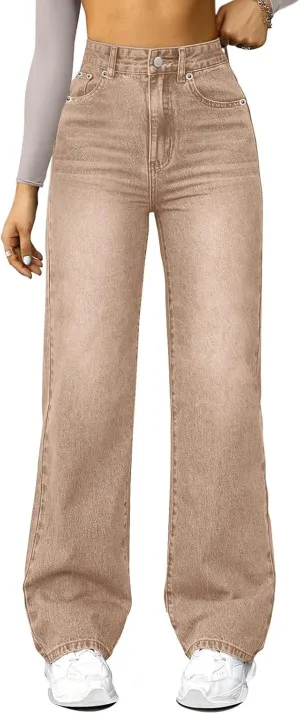 Wide Leg Jeans for Women Cropped High Waisted Trendy Button Fly Patch Pocket Stretchy Denim Pants Trousers Jeans