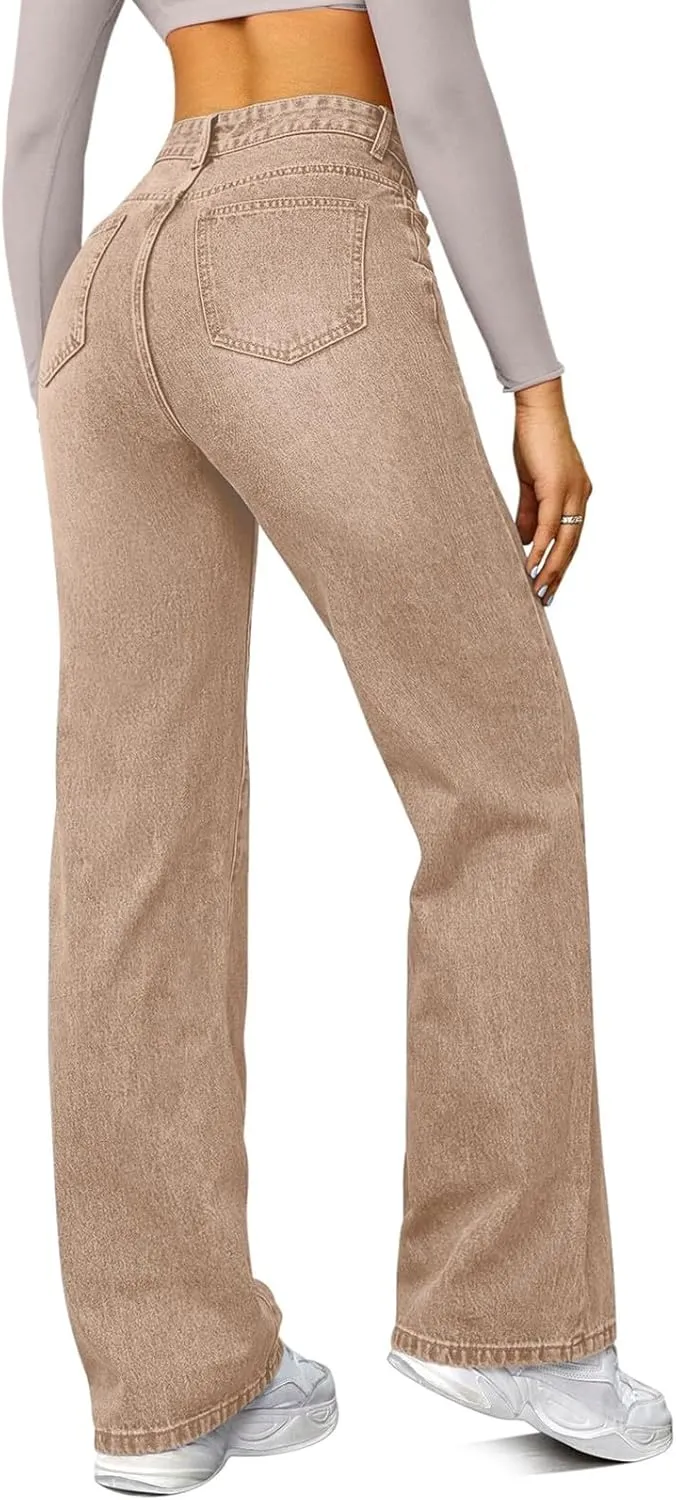 Wide Leg Jeans for Women Cropped High Waisted Trendy Button Fly Patch Pocket Stretchy Denim Pants Trousers Jeans