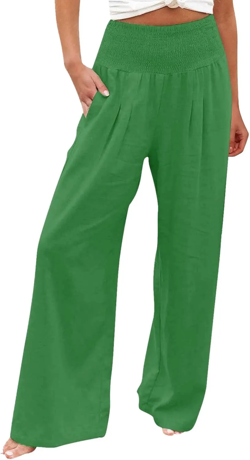 Wide Leg Linen Pants for Women Elastic High Waisted Palazzo Pants Casual Beach Trousers with Pockets Summer Pants