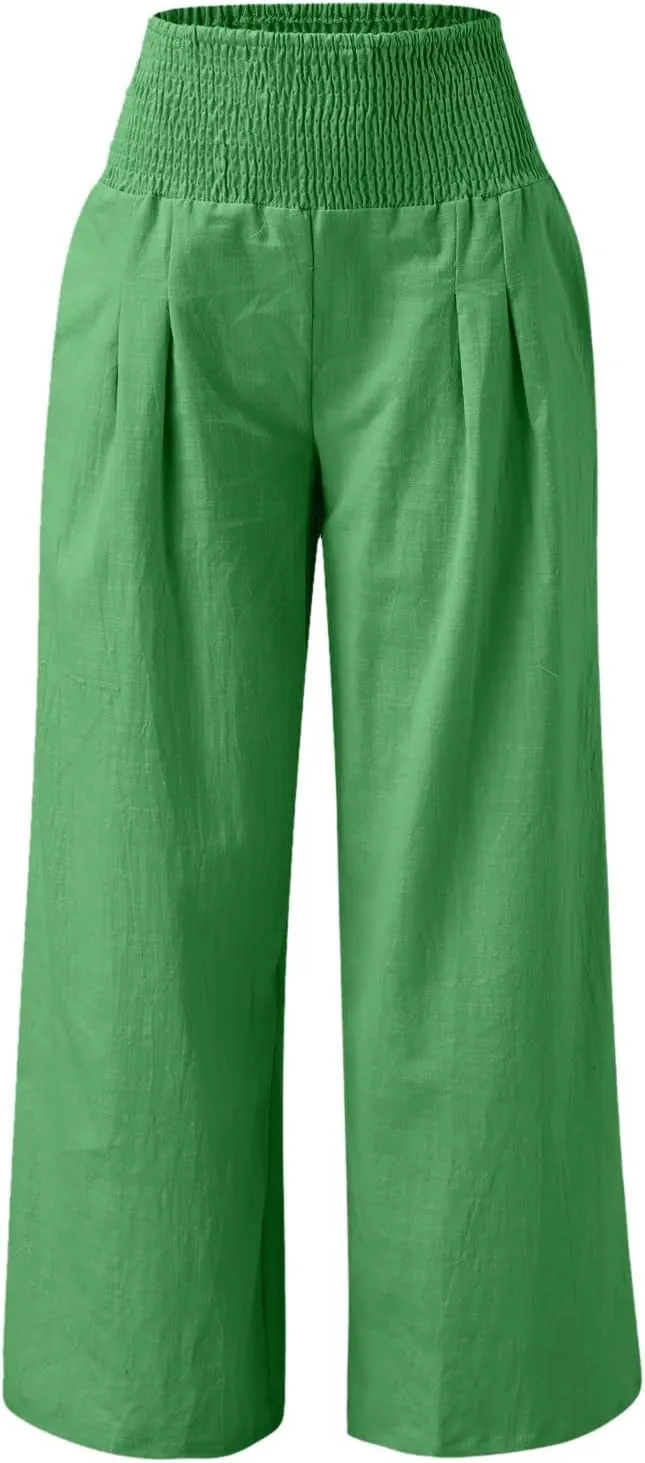Wide Leg Linen Pants for Women Elastic High Waisted Palazzo Pants Casual Beach Trousers with Pockets Summer Pants