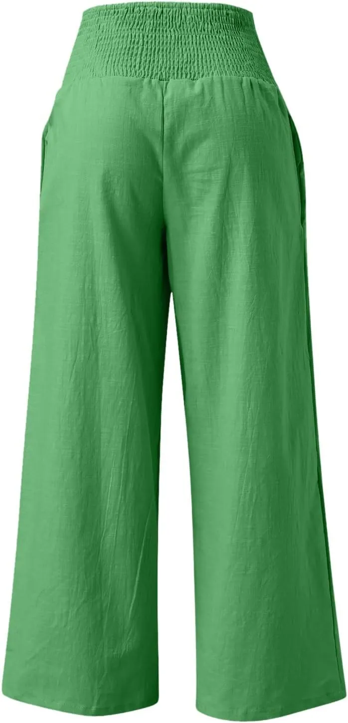 Wide Leg Linen Pants for Women Elastic High Waisted Palazzo Pants Casual Beach Trousers with Pockets Summer Pants