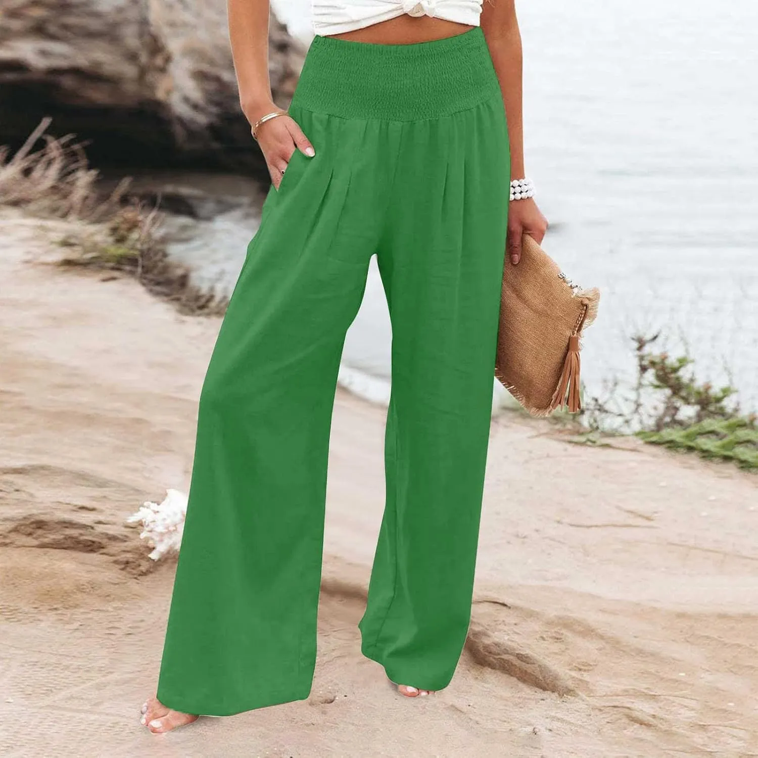 Wide Leg Linen Pants for Women Elastic High Waisted Palazzo Pants Casual Beach Trousers with Pockets Summer Pants