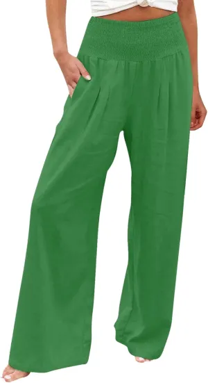 Wide Leg Linen Pants for Women Elastic High Waisted Palazzo Pants Casual Beach Trousers with Pockets Summer Pants