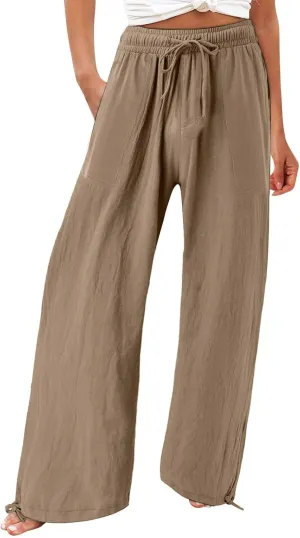 Wide Leg Linen Pants for Women Summer Palazzo Flowy Pants Casual Loose High Waist Beach Trousers with Pockets